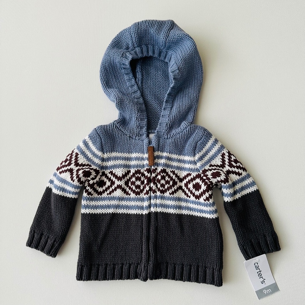Carter’s 9 Months Baby Boy Knit Hooded Zip Cardigan Sweater Fair Isle NWT